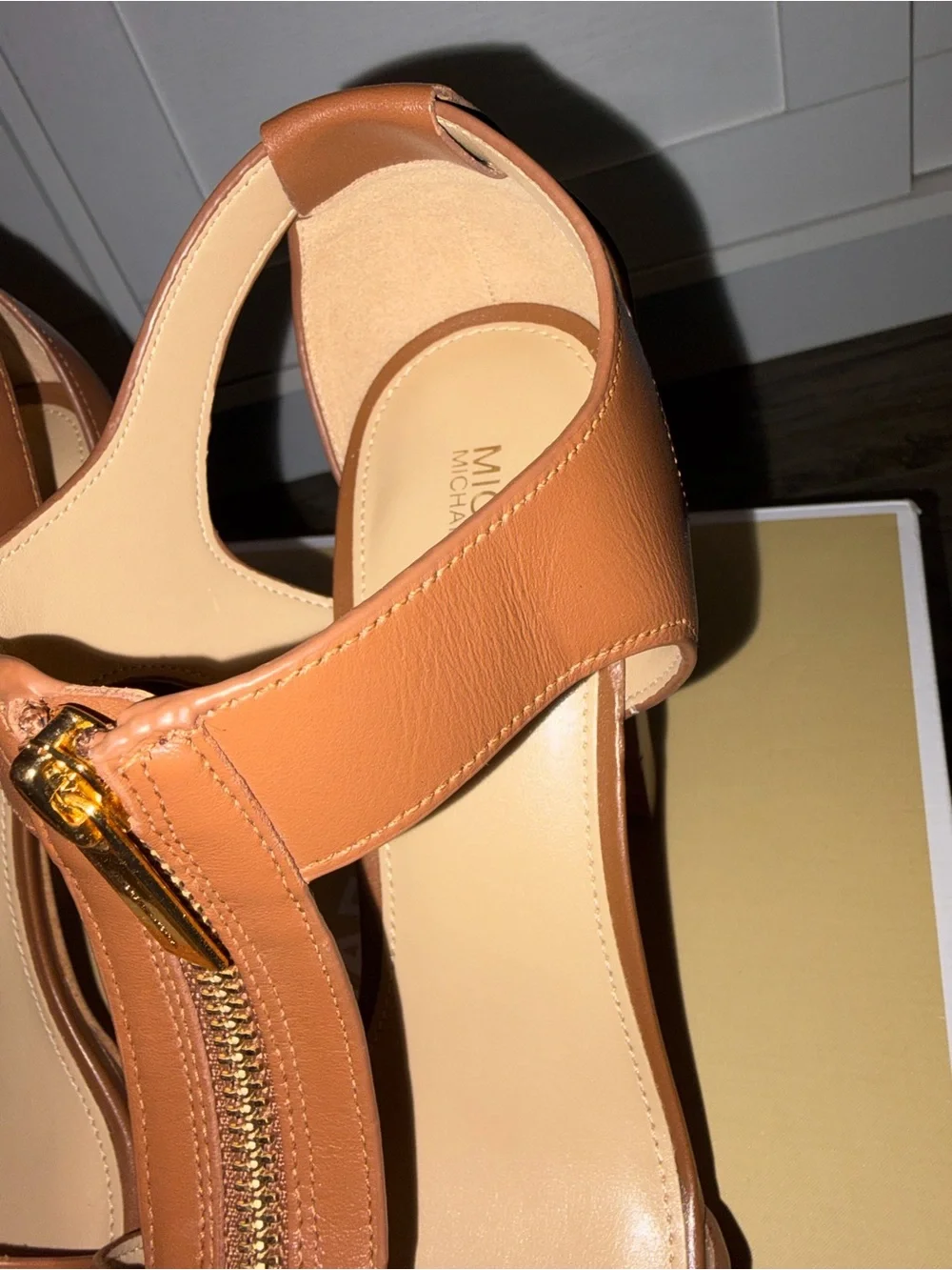 Michael Kors Tan Leather Platform T-Strap Sandals with Gold Zip